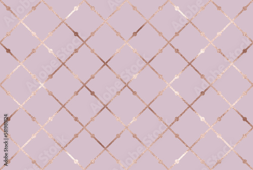 Minimal geometric seamless pattern background design with rose gold rhombus tiles.