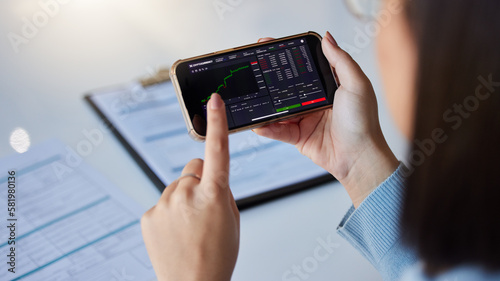 Stock market chart, trading and phone in hands of woman for crypto, finance analysis and bitcoin screen. Fintech app, ecommerce and girl on smartphone for financial statistics, profit and investment