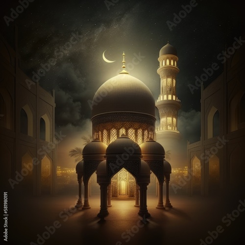 A large building with a dome and a tower with a moon in the background. Generative AI photo