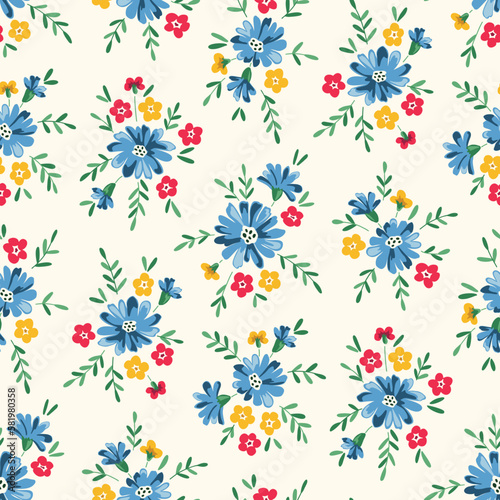 Cheery and Bright Chintz Romantic Meadow Wildflowers Vector Seamless Pattern. Cottagecore Garden Flowers and Foliage Print. Homestead Bouquet. Farmhouse Background