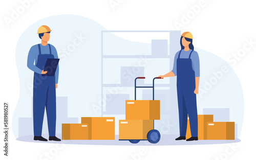 Warehouse management and logistic process concept. Storehouse workers keeping records of boxes. Vector illustration.