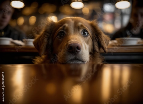 Dog waiting for the food at the restaurant table. Generative AI.