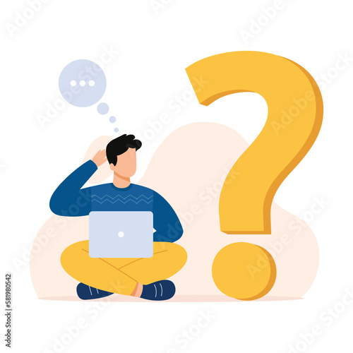 Thinking man. Thoughtful man with laptop looking at big question mark, finding right solution, and solving problem. Vector iilustration.