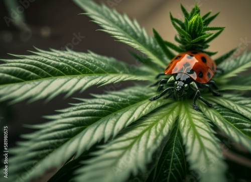 Close-up of ladybug on a cannabis leaf. Generative AI.