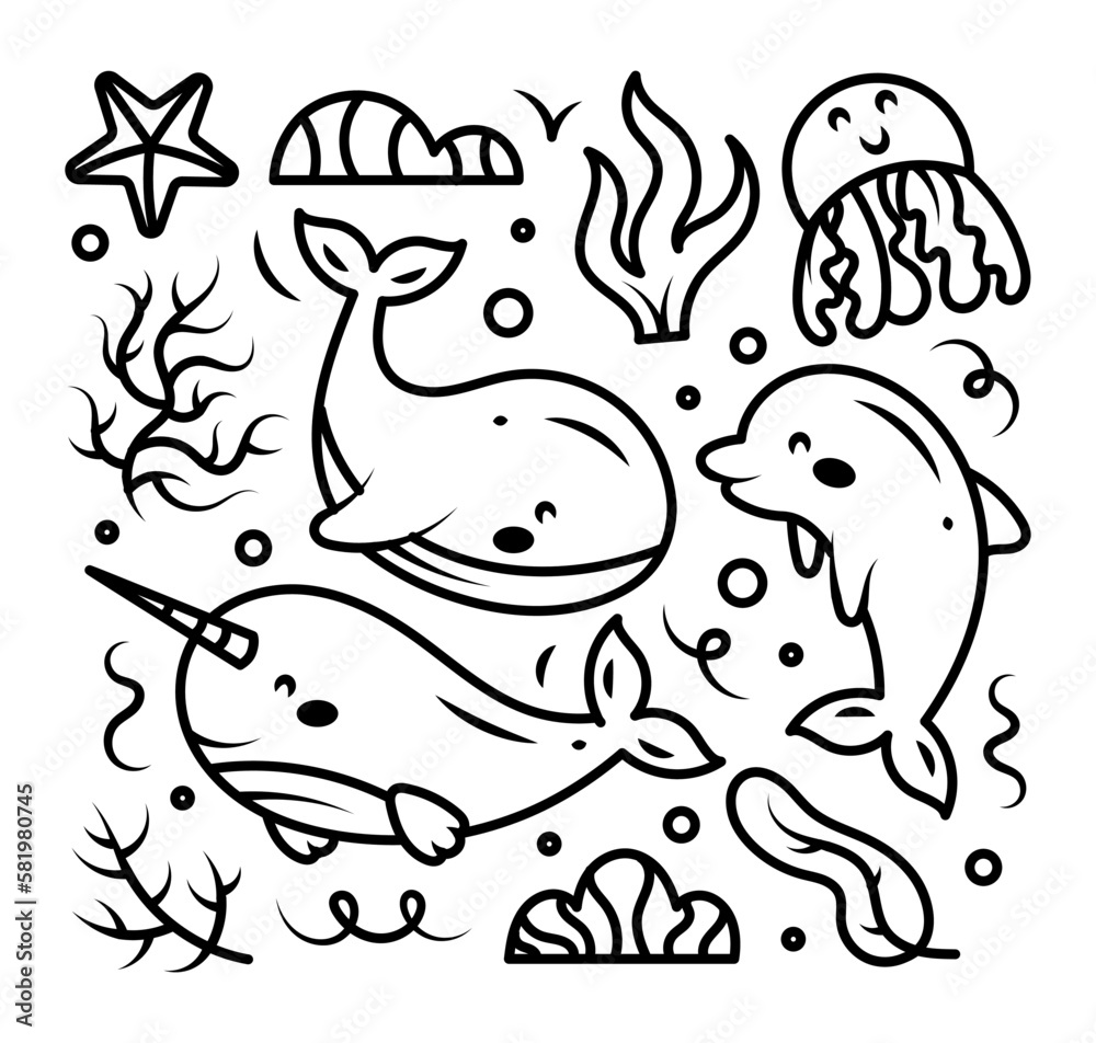 Black and white children's doodles of whales and jellyfish. Marine animals.Isolated vector elements on a white background. Black and white children's doodles of whales and jellyfish. Marine animals.Isolated vector elements on a white background.