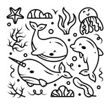 Black and white children's doodles of whales and jellyfish. Marine animals.Isolated vector elements on a white background.