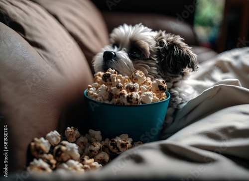 Popcorn and cute dog on the couch. Concept for watching movie at house from streaming service. Generative AI. photo