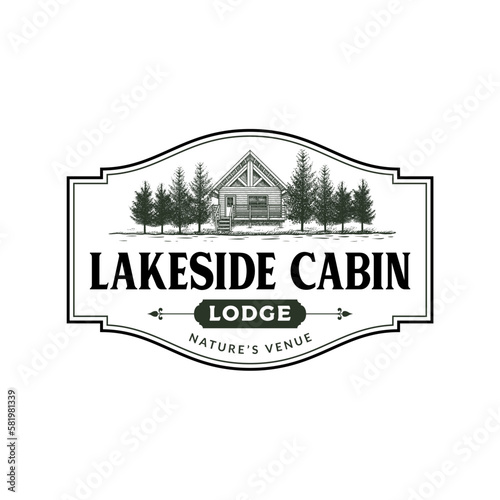 Lakeside Cabin Logo Hand Drawn Illustration and Vector Stock