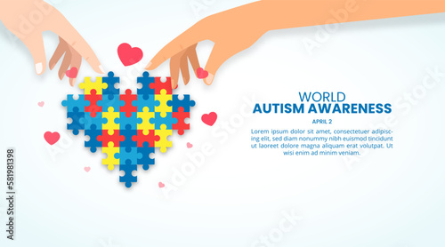 World autism awareness day background with hands making a love shape puzzle