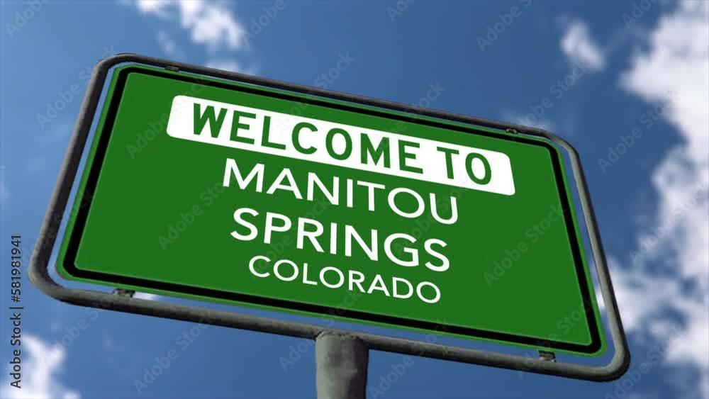 Welcome to Manitou Springs Colorado Road Sign, Close Up Low Angle Realistic 3D Animation Welcome to Manitou Springs Colorado Road Sign, Close Up Low Angle Realistic 3D Animation