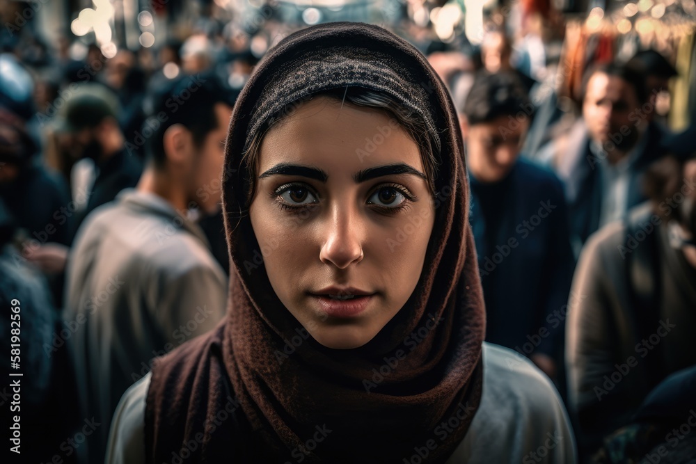 Fototapeta premium Muslim woman at a middle eastern city street market looking at the camera. generative AI