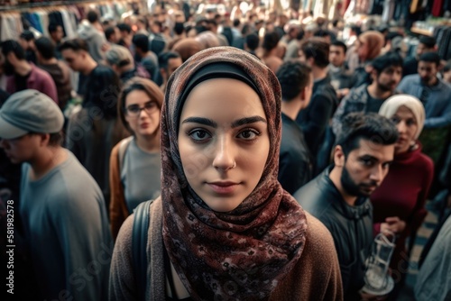 Muslim woman at a middle eastern city street market looking at the camera. generative AI