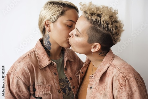 tattooed short haired lesbian couple kissing. generative AI