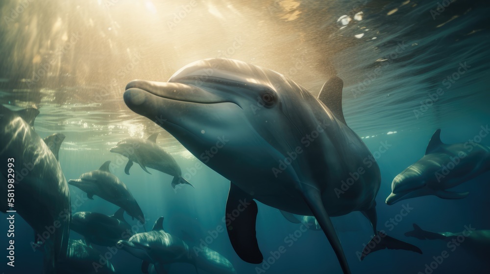 Naklejka premium Dolphins underwater. Generative ai