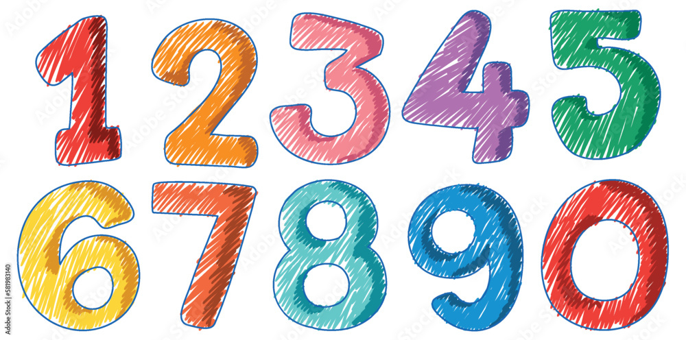Numbers in Pencil Colour Sketch Simple Style Numbers in Pencil Colour Sketch Simple Style