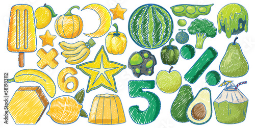 Yellow and Green objects in Pencil Colour Sketch Simple Style
