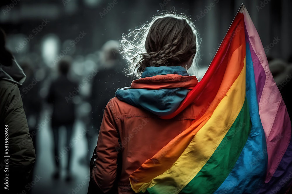 Back view of woman with a rainbow flag, LGBT concept. Generative AI Back view of woman with a rainbow flag, LGBT concept. Generative AI