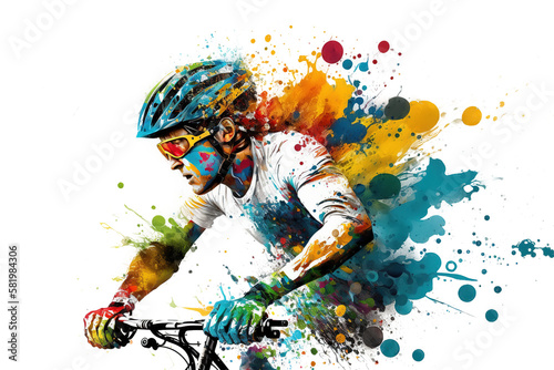 a man ride a bike colorful splash isolated on white background