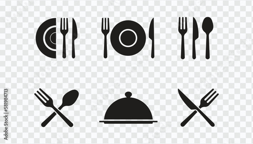 Elevate dining visuals with our Cutlery Icon Set—spoon, fork, knife, plate icons, complemented by hand holding food tray. A versatile dinner service collection in silhouette, vector illustration.
