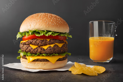 Hamburger, double cheeseburger and orange juice on blank blackground. Ai generated