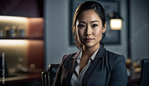 Portrait of ethnic Asian American Business woman in office, generative ai