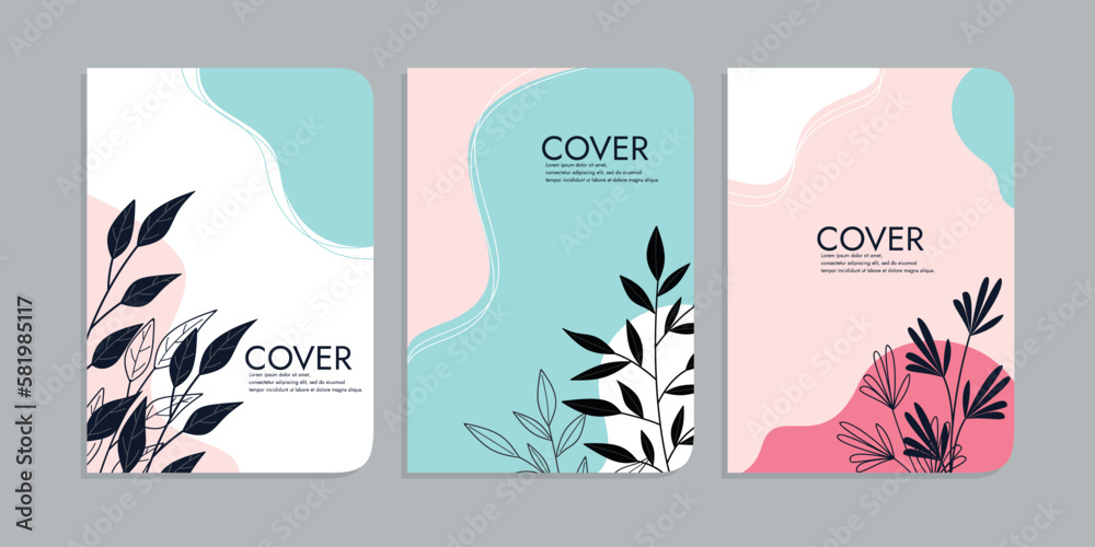 set of book cover templates with hand drawn floral decorations. beauty botanical abstract background. size A4 For notebooks, school books, diaries, planners, brochures, books, catalogs