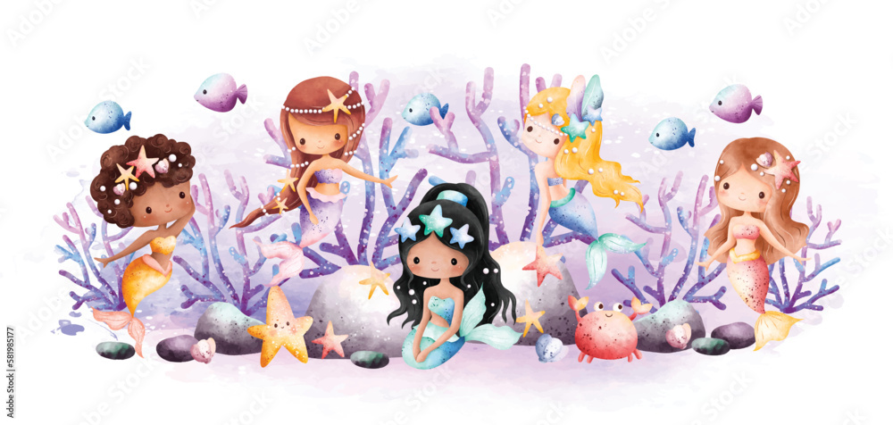 Naklejka premium Watercolor illustration Beautiful Mermaid and sea creatures