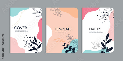 set of book cover templates with hand drawn floral decorations. beauty botanical abstract background. size A4 For notebooks, school books, diaries, planners, brochures, books, catalogs