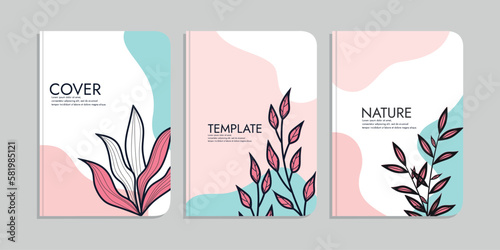 set of book cover templates with hand drawn floral decorations. beauty botanical abstract background. size A4 For notebooks, school books, diaries, planners, brochures, books, catalogs