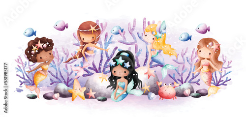 Watercolor illustration Beautiful Mermaid and sea creatures