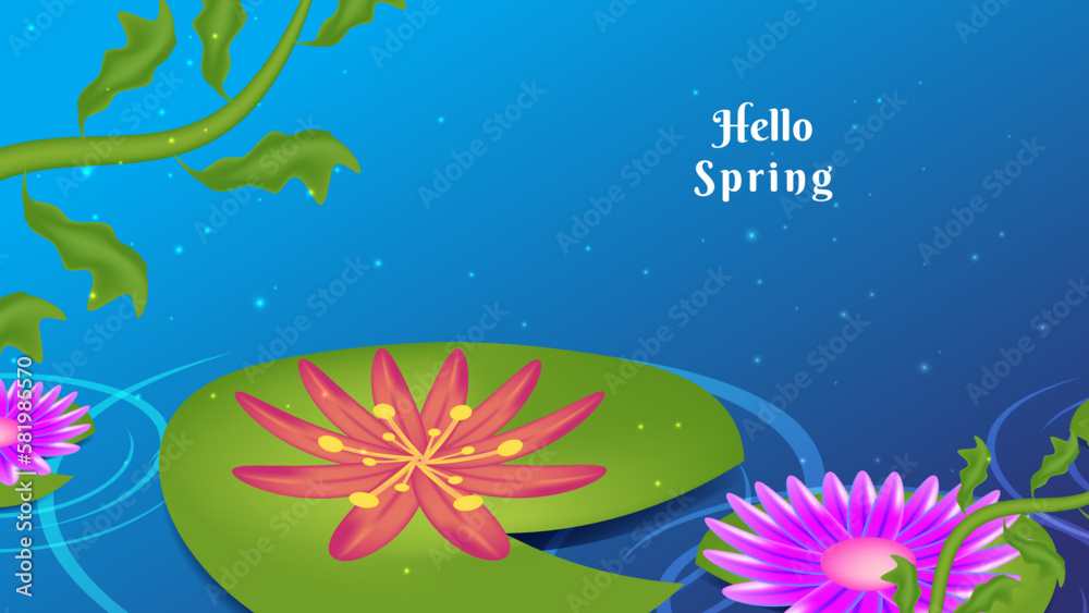 Hello spring. Spring time landscape blue background