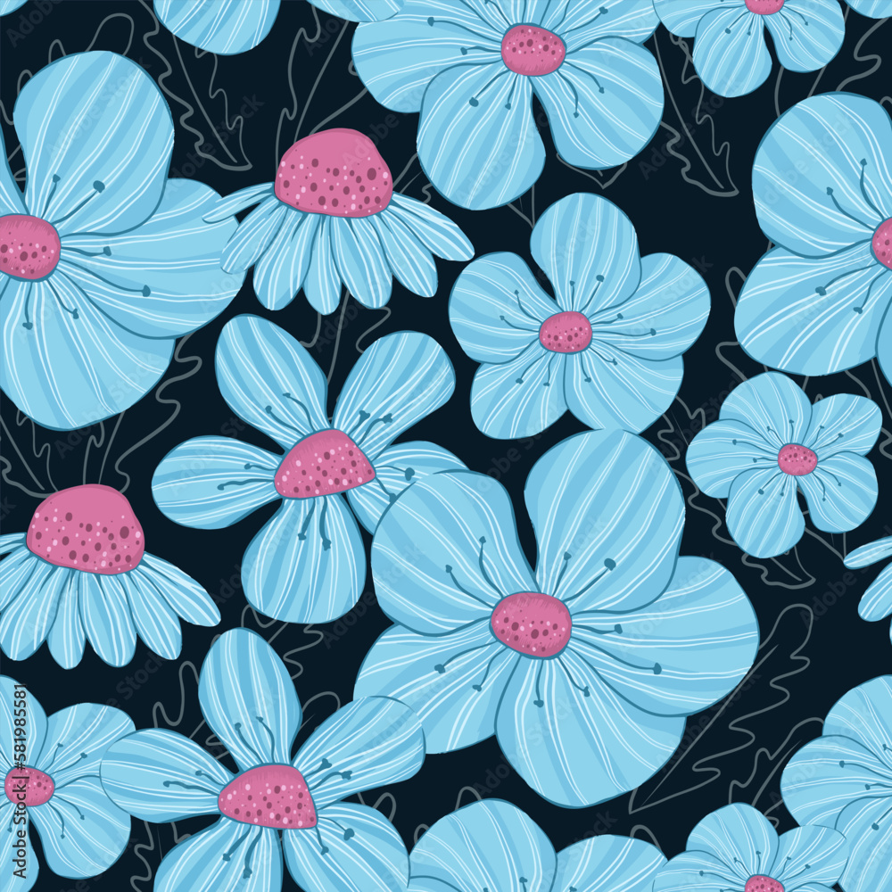Blue flower seamless pattern with leaves ornament on dark blue color background Blue flower seamless pattern with leaves ornament on dark blue color background