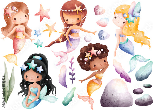 Watercolor Illustration set of cute mermaid and elements