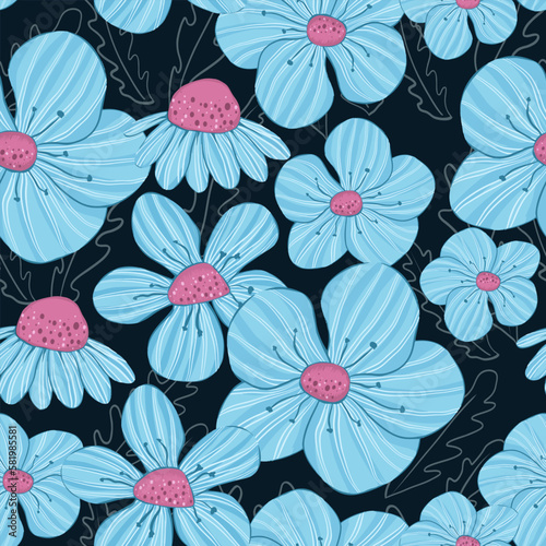 Blue flower seamless pattern with leaves ornament on dark blue color background