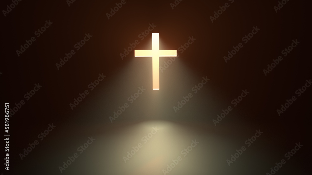 Shining cross on the wall with warm yellow rays of light - 3D illustration