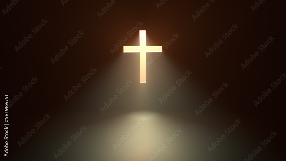 Shining cross on the wall with warm yellow rays of light - 3D illustration Shining cross on the wall with warm yellow rays of light - 3D illustration