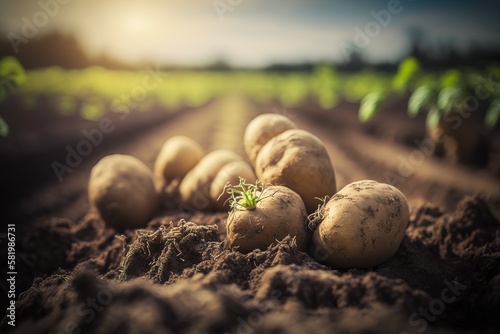 fresh ripe potatoes lie in the garden, generative AI