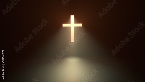 Shining cross on the wall with warm yellow rays of light - 3D illustration