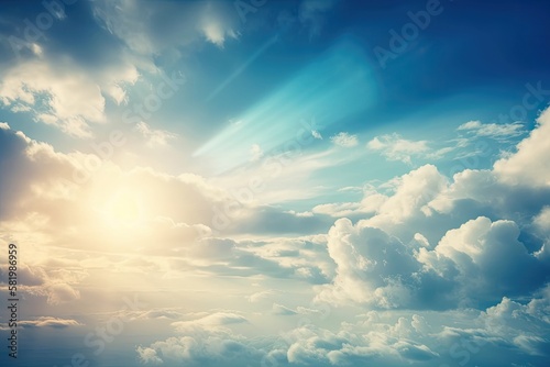 Background of morning sun filled clouds. Blue, white, and pastel colored heaven with soft focus lens flare. Abstract peaceful nature with cyan blur gradient. open windows, lovely summer, and spring