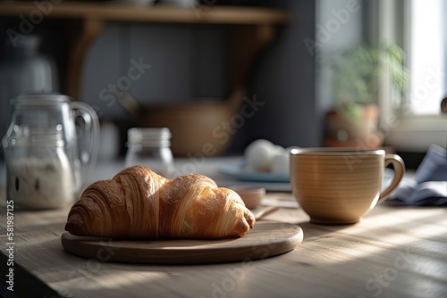 Croissant and coffee on the kitchen counter, with a minimalist environment with contemporary furnishings in the background. focusing on baked pastries and a cup of tea on a wooden table, copy space, a