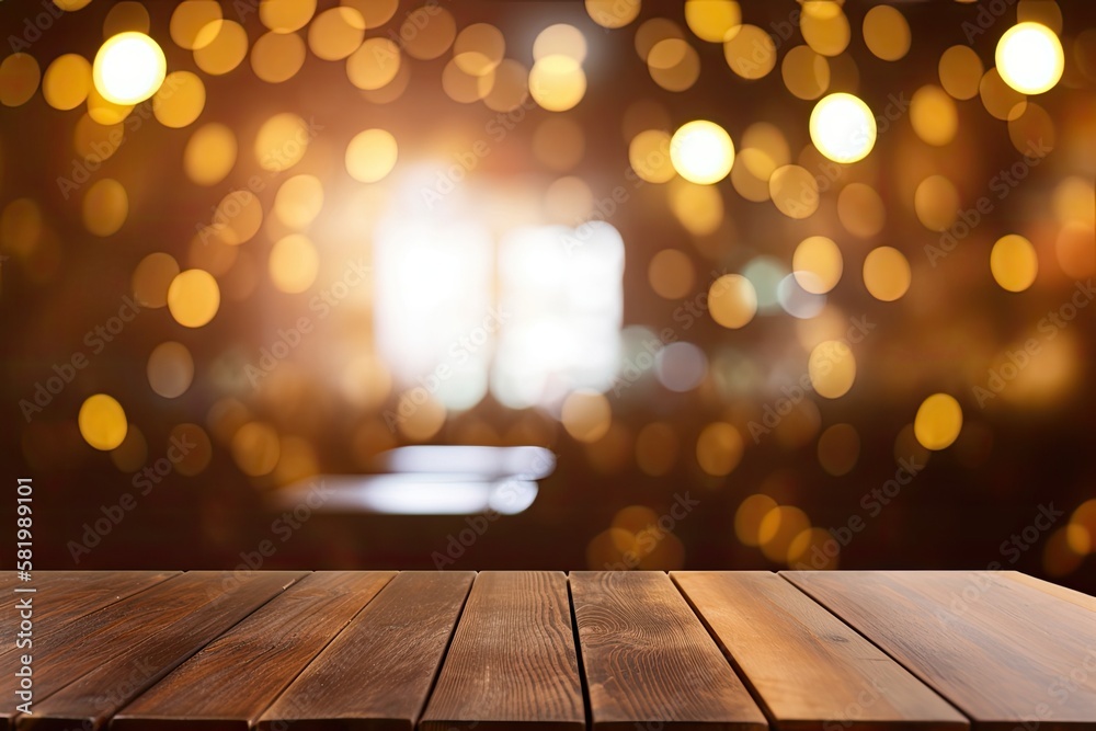 Coffee shop background with bokeh image and selected focus empty brown wooden table for your photomontage or product presentation. Generative AI Coffee shop background with bokeh image and selected focus empty brown wooden table for your photomontage or product presentation. Generative AI