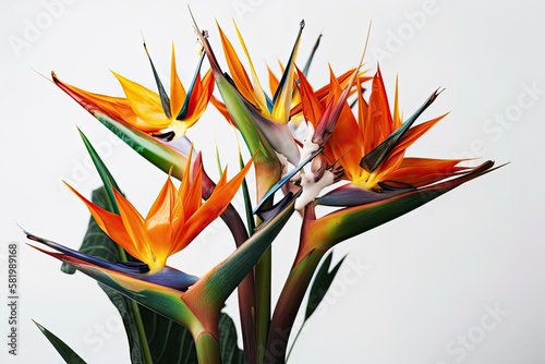 beautiful bouquet of flowers bird of paradise on a white background. Generative AI