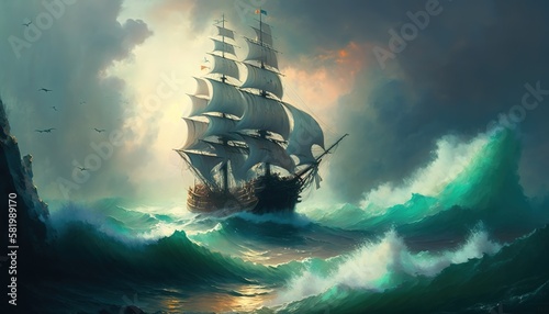 seascape with a ship in the style of Ivan Aivazovskyб generative AI