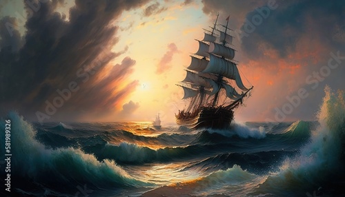 seascape with a ship in the style of Ivan Aivazovskyб generative AI