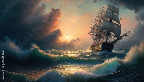 seascape with a ship in the style of Ivan Aivazovskyб generative AI photo