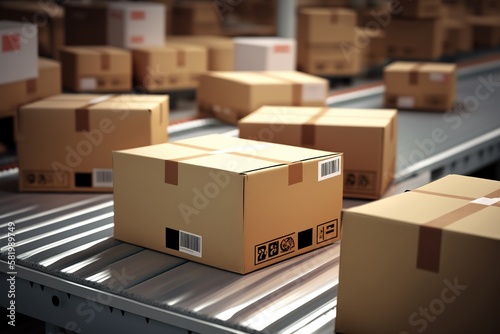 cardboard boxes ride on the delivery conveyor  parcels  generative AI