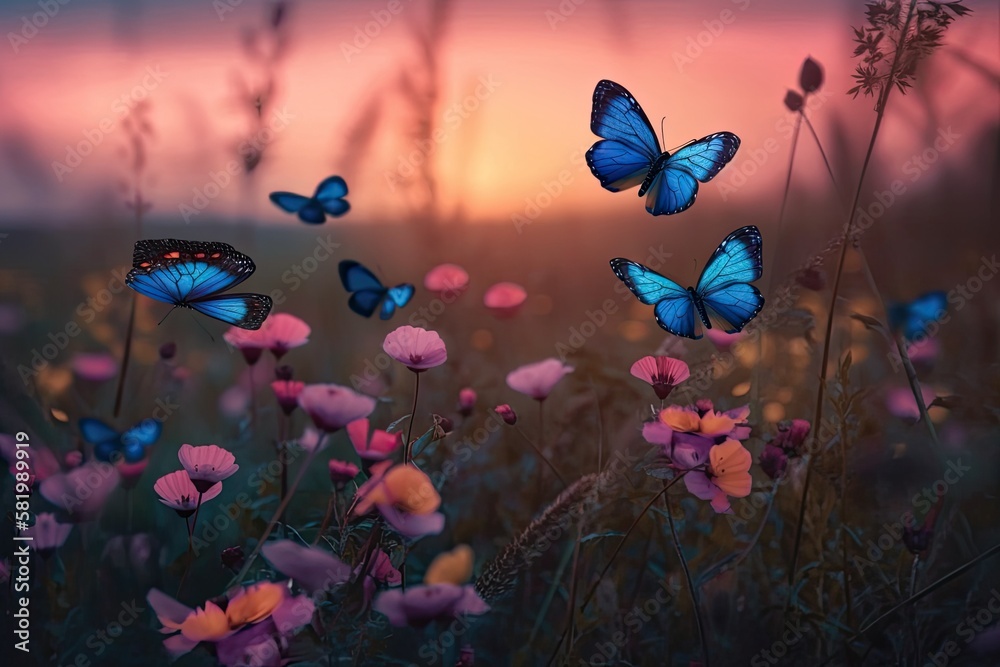 blue butterflies flying in cosmos flowers against a dusk sky. Generative AI