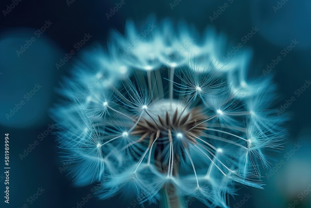 close up of a dandelion's head in cyan tones. Generative AI