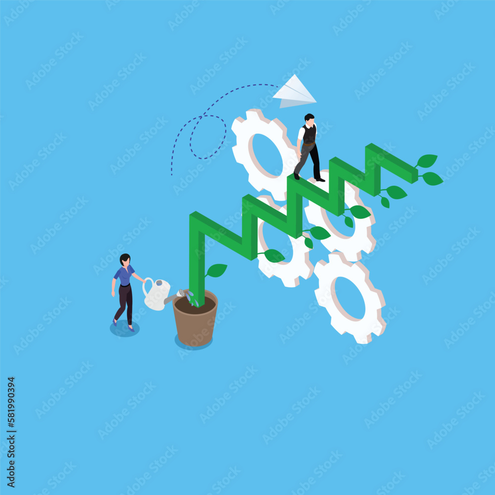 Obraz premium Businesswoman watering seedling plant growing up as stair to climb to reach success 3d isometric vector illustration concept for banner, website, landing page, ads, flyer template