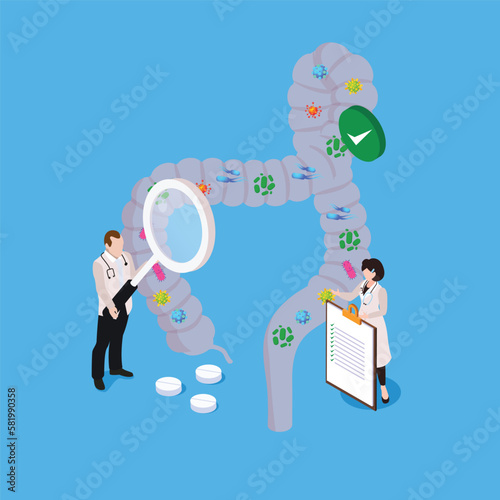 Scientists looking at intestines with magnifying glass 3d isometric vector illustration concept for banner, website, landing page, ads, flyer template
